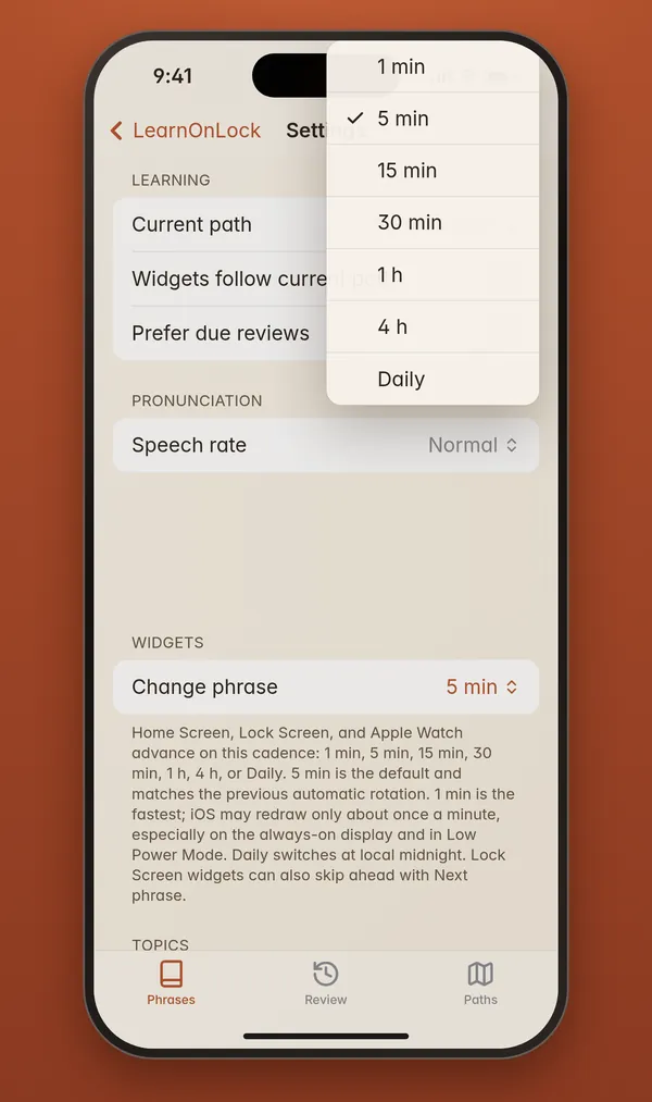 Settings menu with phrase change options from 1 minute to daily