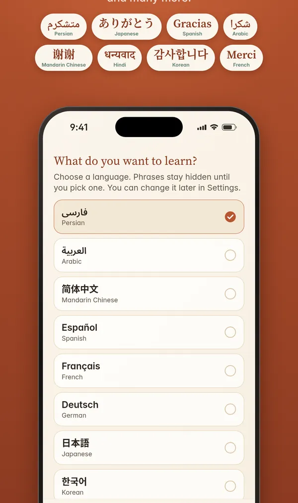 Language picker listing Persian, Arabic, Mandarin Chinese, Spanish, French, German, Japanese and Korean in their own scripts