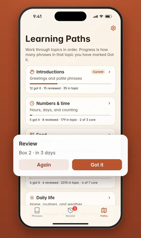 Learning Paths screen with topics like Introductions and Numbers and time, and a review card with Again and Got it buttons